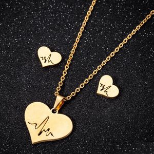 Pendentif Colliers Romantique Pêche Coeur Électrocardiogramme Ensembles De Bijoux Simple Mode Battement De Coeur Charme Collier Boucles D'oreilles Pour Les Femmes Lov Dhjkw