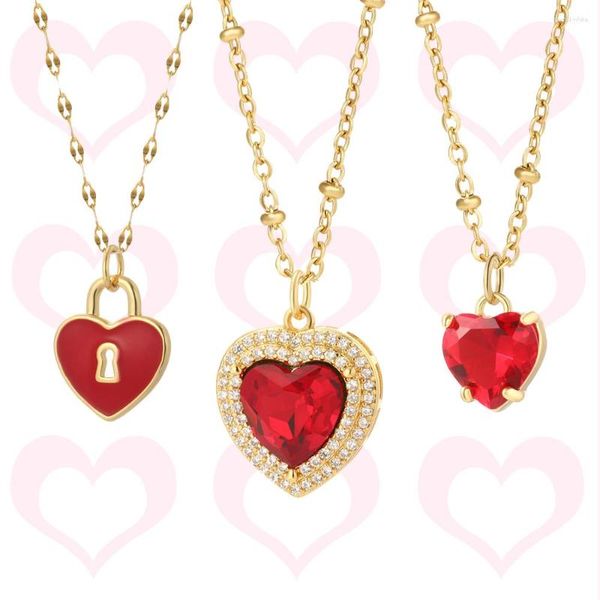 Collares colgantes Collar de corazón rojo romántico para mujer Cadena de acero inoxidable Gargantilla de lujo Gran circón Joyería de moda