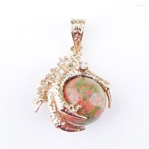 Pendentif Colliers Rongzuan Pierre naturelle Unakite Jaspers Boule ronde Perle Dragon Griffe Cristal Chakra Pendule Collier 18 