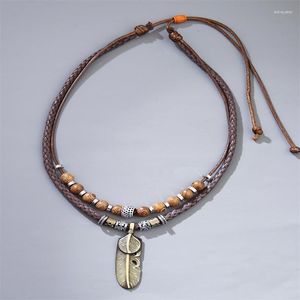 Pendentif Colliers Corde Collier Noir Marron Cuir Collier Antique Couleur Plume Forme Charme Chaîne Multicouche