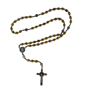 Colliers pendentifs chapelets pour hommes notre père sacré collier de chapelet de perles de bois fait à la main avec croix Crucifix de Saint Benoît