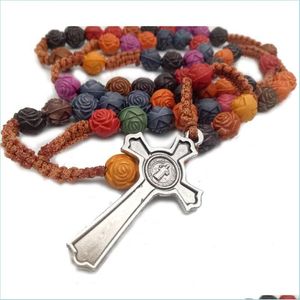 Hangende kettingen Rose kraal gekleurde kruis rozenkrans ketting Christus Jezus religieuze handgemaakte christelijke gebed sieraden 581 z2 drop deliv dh2lp