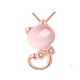 Collares pendientes Cadenas de oro rosa Lindo Ross Cuarzo Rosa Ópalo Collar Para Mujeres Joyería Niñas Niños Regalo Gato Vipjewel Drop Deliv Dhhzm