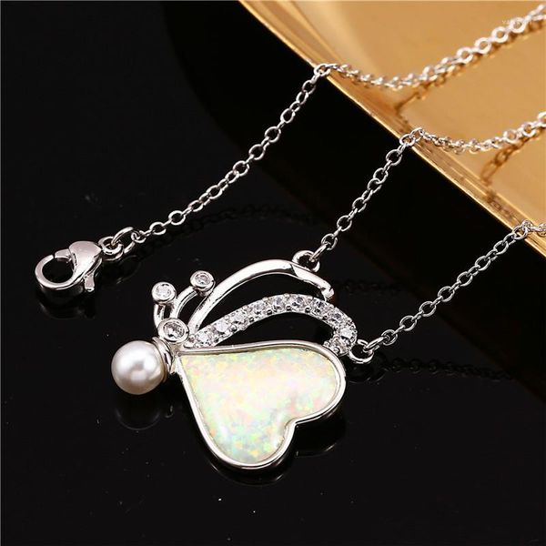 Pendentif Colliers Rose Or Argent Couleur Chaîne Collier Charme Perle Papillon Blanc Bleu Opale Amour Coeur Pour Les Femmes Cadeau