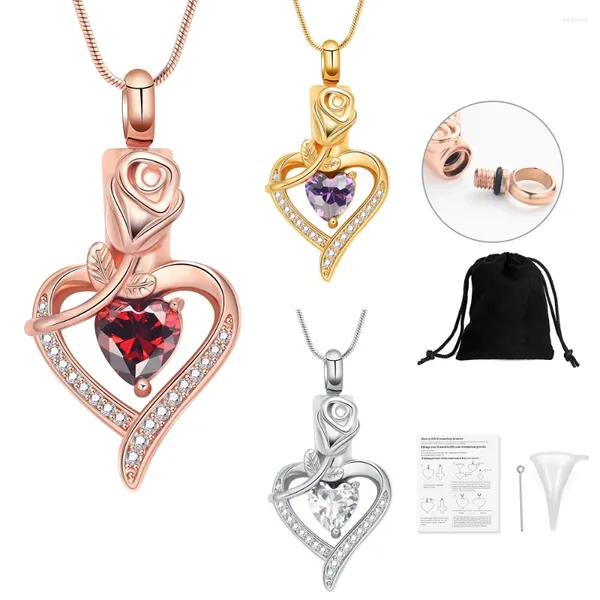 Collares colgantes Collar de cremación del corazón de rosa con pequeñas urnas