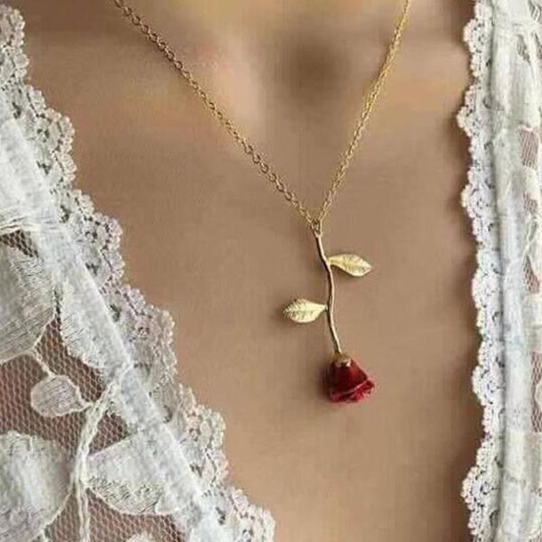 Collares pendientes Collar de rosas Encanto personalizado Última flor Belleza y bestia Joyería Regalo de San Valentín para mujeres