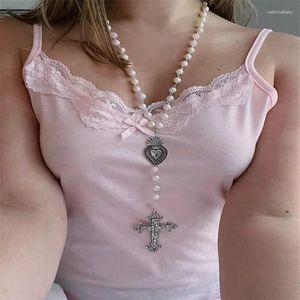 Colliers pendentifs Rose Quartz et fausse perle chapelet collier victorien gothique grande croix mexicain sacré coeur Y2K fait à la main fille cadeau
