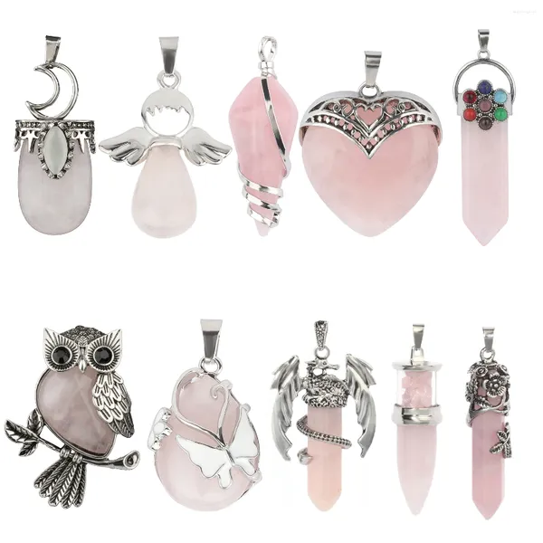 Pendentif Colliers Rose Quartz Pierre Hexagone Coeur Papillon Dragon Fait À La Main Femmes Collier Bijoux Fabrication Accessoires