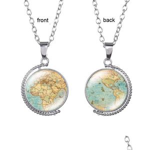 Pendentif Colliers Rotatif Verre Cabochon Carte Du Monde Collier Temps Gem Double Face Femmes Enfants Chandail Chaîne Bijoux De Mode Wil Dhwgi