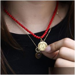 Colliers pendants Collier de couloir en or rond pour femmes 4 mm Fashion Rouge Coral Longueur réglable LDN188A DROP DELIVE DHQT4