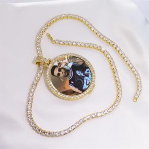 Pendentif Colliers Rond Po Médaillons sur mesure Photo Collier Tennis Chaîne Or Couleur Zircon Cubique Hommes Hip Hop Je199F