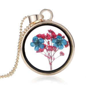 Colliers pendentif forme ronde séché pressé bleu violacé rouge fleur collier ton or bijoux