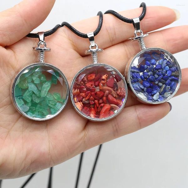 Collares colgantes Forma redonda Vidrio Botella de deseos Hombres Correa de cuero Collar Natural Cuarzo claro Ojo de tigre Ágata negra Joyería de chakra