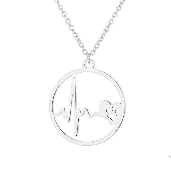 Pendentif Colliers Ronde En Acier Inoxydable Heartbeat Collier Chaînes Bague En Or Paw Heart Beat Pour Femmes Hommes Bijoux De Mode Drop Delive Dhrxi