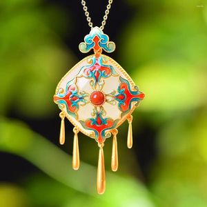 Pendentif Colliers S925 Plaqué Argent Incrusté Naturel Hetian Jade Square Vintage Court Style Émail Auspicious Cloud Tassel Femelle