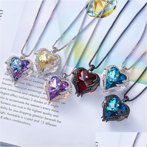 Collares pendientes S925 Sterling Sier Joyería fina Océano Corazón Collar Alas de ángel Cadena de clavícula de cristal Venta al por mayor Drop De Dhgarden Dh0Ew