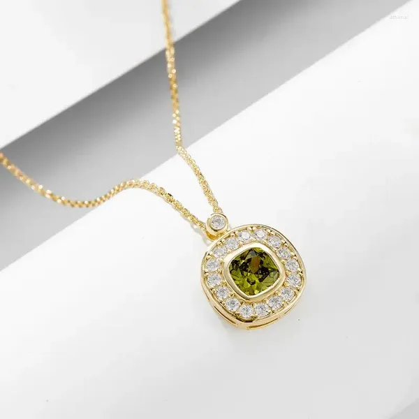 Pendentif colliers S925 argent Sterling carré Zircon pendentif collier femmes fiançailles fête tempérament mode Olivine clavicule chaîne