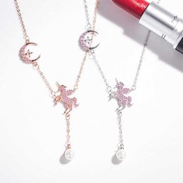 Pendentif colliers S925 argent Sterling étoile lune gland licorne perle pendentif collier mignon femmes clavicule chaîne été bijoux cadeau L230315