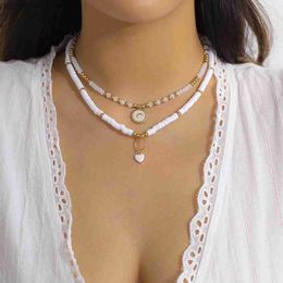 Colliers pendants Salicon Bohême cardiaque Perles de cristal pendentif Perles en verre à facettes Collier en polymère plat Perles d'argile Collier vintage bijoul4pxp