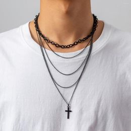 Collares pendientes Salircon Punk Pintura negra simple Collar de cadena de metal de múltiples capas para hombres Hip Hop Cross Trend Rock Jewelry