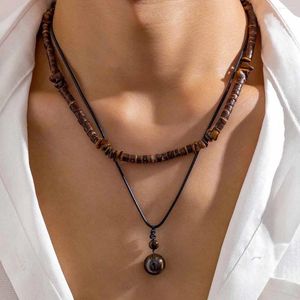 Hanger Kettingen Salircon Vintage Etnische Geometrische Grind Ketting Sleutelbeen Ketting Boho Kokosnoot Houten Kraal Heren Nek Sieraden