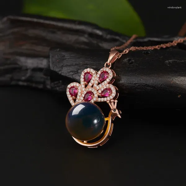 Colliers pendentif même style bijoux chinois deuxième génération synthétique bleu ambre cire d'abeille paon clavicule collier