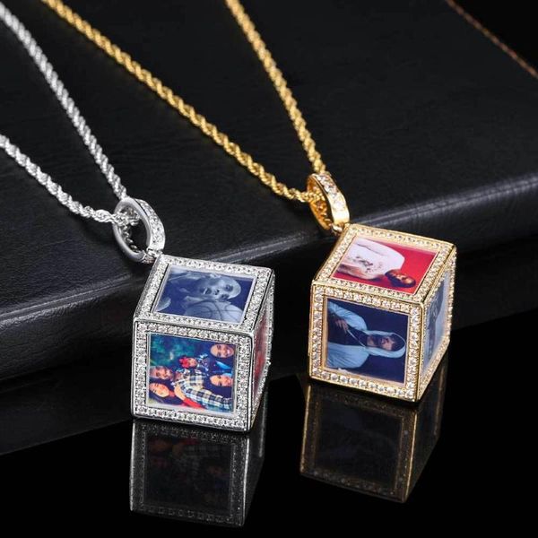 Pendentif Colliers Scooya Hip-Hop Bijoux Cube Mémoire Po Collier Pour Hommes Micro-incrusté Zircon DIY Cadre Personnalisé ColliersPendant