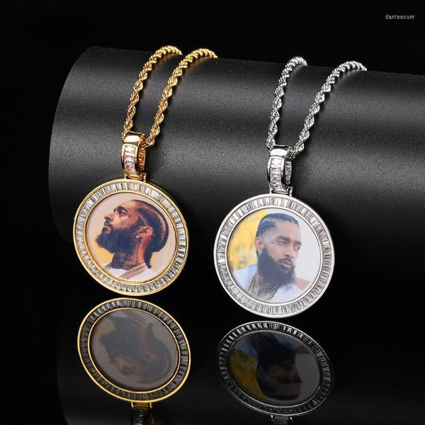 Anhänger Halsketten Scooya Hip Hop Memory PO Halskette für Männer Bronze T-Cubic Zirkonia Trendy Runde Rahmen Schmuck