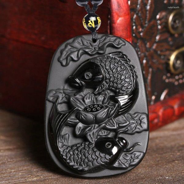 Pendentif Colliers Sculpture Black Obsidian Lotus en Poissons pour femmes et hommes Bijoux de mode Corde Chaîne Collier Drop