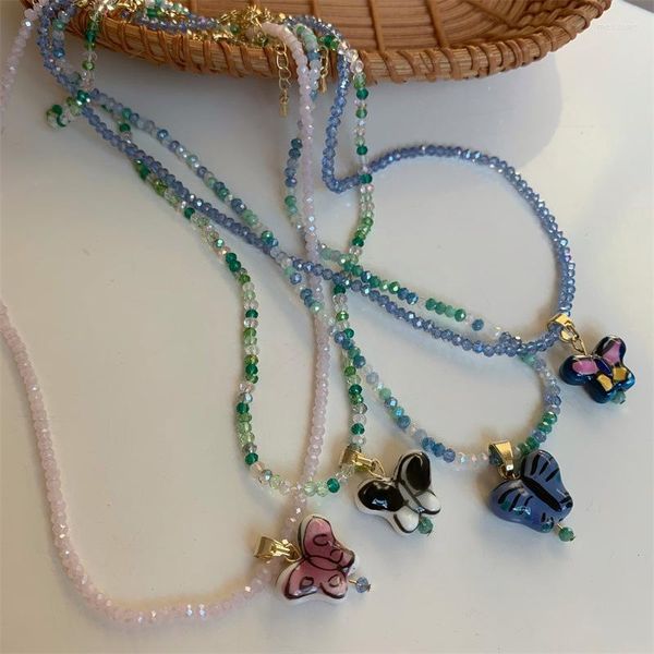 Pendentif Colliers Perles De Rocaille Papillon Vert Bleu Tempérament Simple Y2k Rétro Chaîne Bohème Bijoux Cadeau Pour Les Femmes