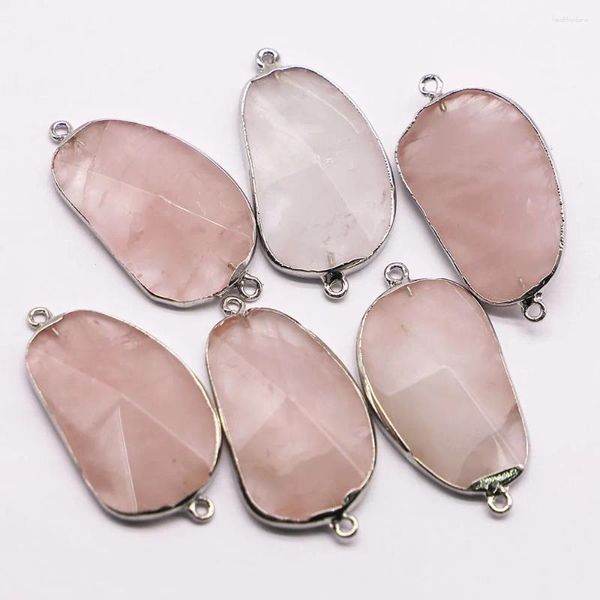 Pendentif Colliers Vente Naturel Rose Quartz Pierre Connecteur Irrégulier Tranche Collier Argent Plaqué Bord Charme DIY Bijoux En Gros 6 pcs