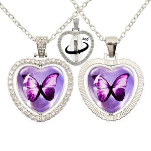 Colliers pendentif vente rétro coeur papillon magique avec collier strass double face rotation de 360 degrés pour ami