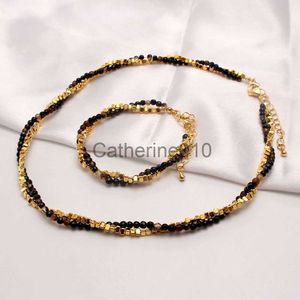 Colliers pendentifs semi-ornement noir Agate Natural Stone Breded Bracelet Collier pour femmes chaîne de cols de luxe légers en plusieurs couches J230811
