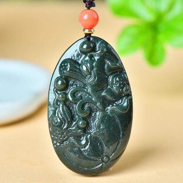 Pendentif Colliers Envoyer Certificat Naturel Vert Jade Lotus Fleur Collier Hommes Femmes Sculpté À La Main Hetian Jades Et Poisson Chanceux Amulette