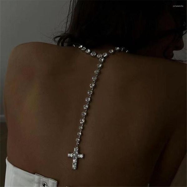 Collares pendientes Sexy Crystal Big Cross Long Tassel Back Chain Necklace Joyería de boda para mujeres Rhinestone Body Gargantilla
