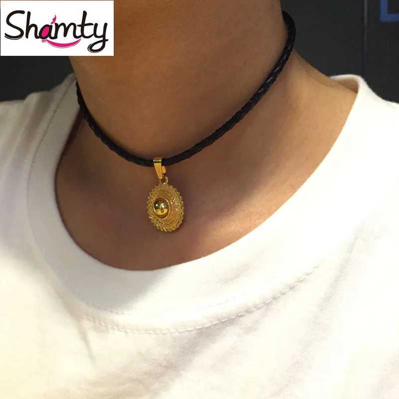 Hänge halsband shamty ren guldfärg etiopisk choker halsband smycken svart läder rep nigeria sudan eritrea kenya habesha stil itemq