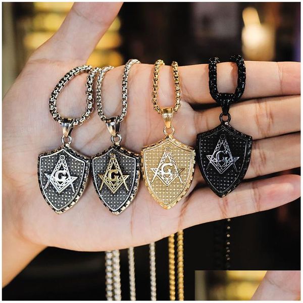 Collares colgantes Escudo Forma Mason Masonic Signet Cadena Colgantes Ag Emblem Sier Oro Negro Punk Hip Hop Charm Collar Joyería Hombres S DHVP