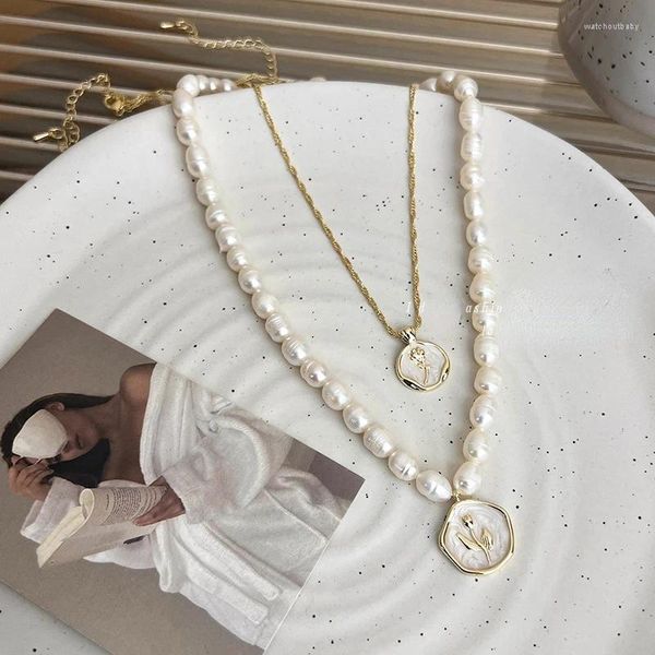 Pendentif Colliers Shining U Collier de perles d'eau douce pour femmes Bijoux de mode Été 2pcs