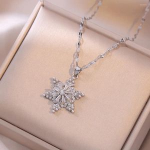 Hanger Kettingen Glanzende Zoete Draaibare Zirkoon Sneeuwbloem Voor Vrouwen Meisjes Zilveren Kleur Roestvrij Stalen Ketting Accessoires Geschenken