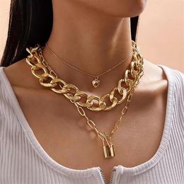 Pendentif Colliers SHIXIN 3 pièces Hiphop coeur serrure collier pour femmes Punk couches épaisses lien cubain chaîne ras du cou sur le cou bijoux 233h