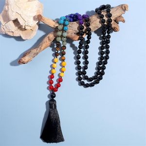 Hanger Kettingen Showboho 108 Mala Kralen 7 Chakra Ketting 8mm Zwarte Onyx Geknoopt Meditatie Yoga Gebed Rozenkrans Voor Mannen en Vrouwen261q