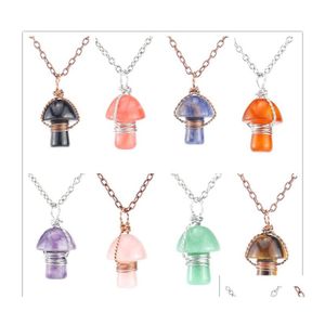 Pendentif Colliers Sier Bronze Fil Wrap Sculpture Champignon Reiki Guérison Cristal Oeil de Tigre Rose Quartz Opale Aventurines Collier pour W Dhsue