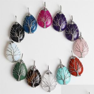 Hanger kettingen sier ketting natuurlijke roze kwarts opaal agaat steen hanger kettingen handgemaakte levensboom gewikkeld druppel kristal nekla dhrgo