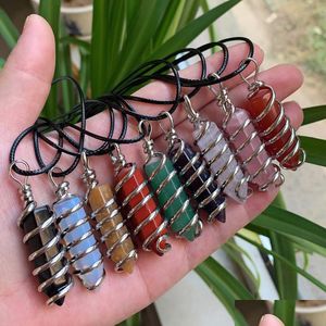 Collares colgantes Sier Color Natural Gem Stone Collar para mujeres Hexagonal Carnelian Red Agate Purple Crystal Pendum Drop D Dhgarden Dhos5