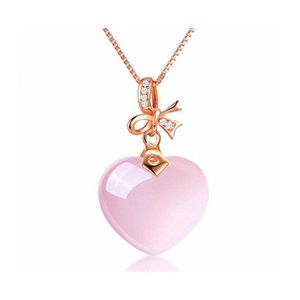 Collares pendientes Sier Cute Sweet Pink Crystal Collar de piedras preciosas para mujeres Rose Quartz Heart Drop Delivery Jewelry Pendants Dhkv6