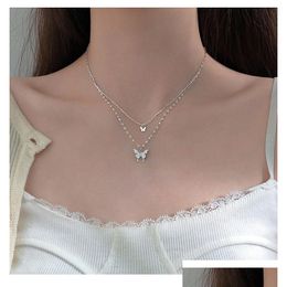 Pendentif Colliers Sier Brillant Papillon Gland Collier Femme Exquis Double Couche Clavicule Chaîne De Noce Bijoux Cadeaux Drop Dhzxn