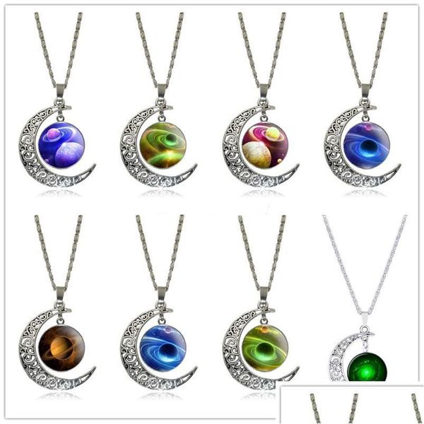 Pendentif Colliers Sier Ciel Étoilé Temps Gem Cabochon Collier Lune Soleil Univers Verre Jolis Bijoux Complice Cadeau Fille Drop Delivery P Dhrvd