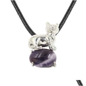 Colliers pendentifs Sier Tiger Alliage Collier de pierres précieuses Cordon noir Guérison Chakra Cristal Reiki Protection spirituelle Énergie Ovale Pierre Dr Dhhfy