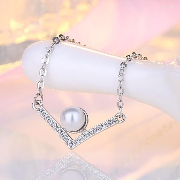 Collares pendientes Color plata 45 cm cadenas letra V collar cadena para mujer lujo perla ajuste fiesta joyería regalos