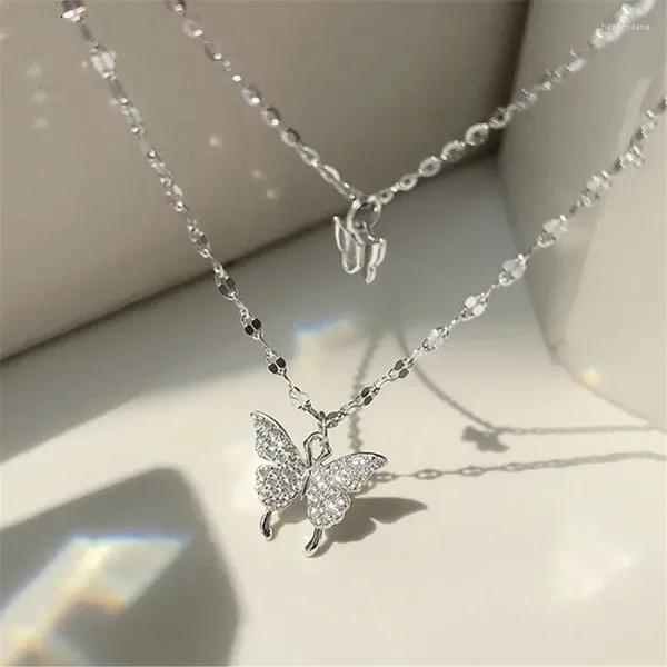 Pendentif Colliers Couleur Argent Papillon Pour Femmes Fine Zircon Cristal Collier Ras Du Cou Empilé Double Chaîne Bijoux Cadeau